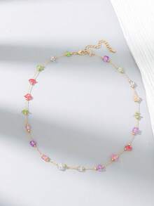 1件女士时尚彩色不对称宝石链项链，百搭且适合海滩度假（宝石颜色和数量可能有所不同） - 多彩 - 查看 2