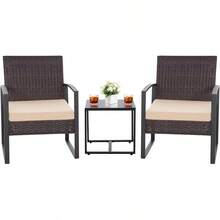 3PCS Patio Furniture Set, Outdoor Wicker Bistro Conversation Set With Padded Cushions & Glass Table, Garden Rattan Chair Set For Porch Balcony Backyard - 棕色 - 查看 1