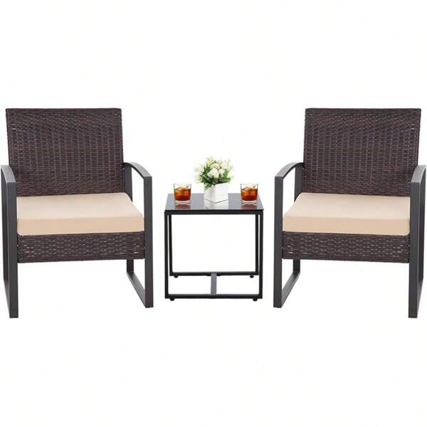 3PCS Patio Furniture Set, Outdoor Wicker Bistro Conversation Set With Padded Cushions & Glass Table, Garden Rattan Chair Set For Porch Balcony Backyard