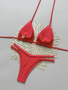 European & American Minimalist Sexy Backless Tie-Up Top & Thong Bikini Set, Bright Red - Red - View 5