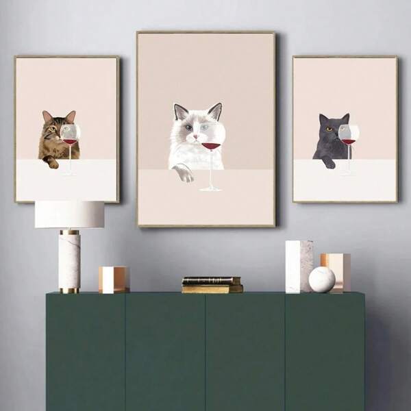 1pc Gift Animals Funny Black White Cats Red Wine Posters And Prints Canvas Painting Cat Lover Wall Arts For Living Room Kitchen Home Decor Optional Frame ,Wall Art With Frame