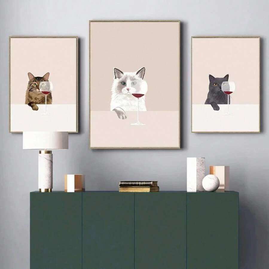 1pc Quà tặng Động vật Mèo đen trắng vui nhộn Rượu vang đỏ Áp phích và bản in Tranh vải Người yêu mèo Nghệ thuật treo tường cho phòng khách Nhà bếp Trang trí nhà Khung tùy chọn - Nhiều màu - Xem 1