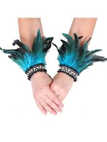 1 Pair Feather & Faux Pearl Cuff Fingerless Gloves, Fashion Costume Accessory For Parties, Balls, Makeup Halloween Halloween Accessories - Multicolor - View 16