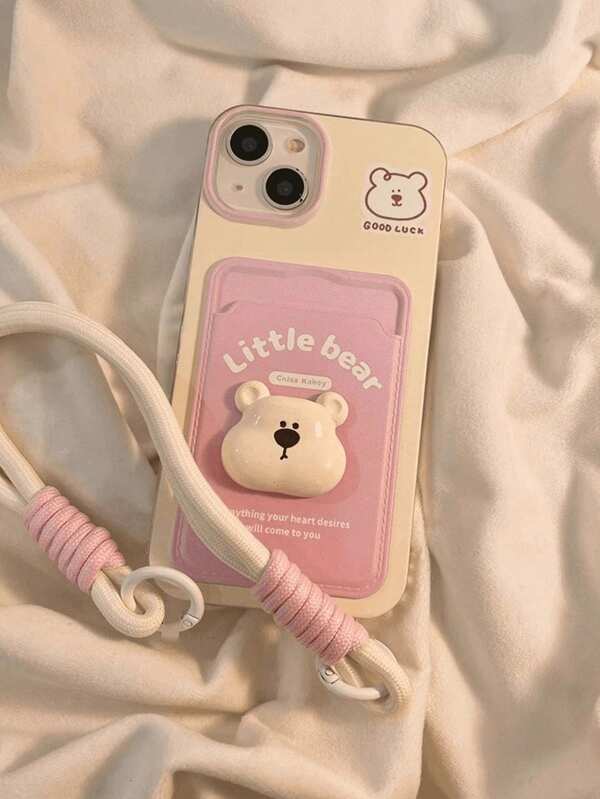 حافظة بطاقة سلسلة معلقة بتصميم الدب الكرتوني ثلاثي الأبعاد متوافقة مع هواتف آبل 16 برو ماكس/ 15 برو ماكس، الجديد 11، الإبداعي 12، الصدمات 14 برو/13، تصميم أنثوي شامل مقاوم للماء ومقاوم للسقوط ومقاوم للخدش