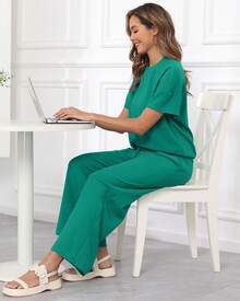 COMFY VOGUE 2pcs Women's Solid Knit Casual Vacation Drawstring Short Sleeve Top And Pants Set, Lightweight - 綠色 - 查看 2
