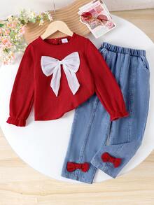 مجموعة من قطعتين: ملابس علوية بأكمام طويلة جميلة مزينة بفيونكة وبنطال جينز للفتيات الصغيرات، ملائمة لفصلي الربيع والخريف - الأحمر - مشاهدة 1