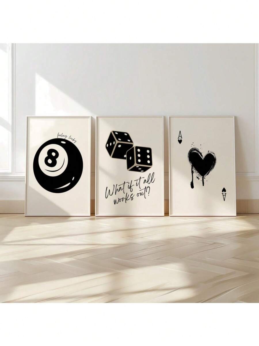 复古 3 件套墙面艺术 8 球海报 Ace 卡感觉幸运大学公寓 Y2K 房间装饰 70 年代印刷帆布画海报和印刷墙面艺术图片用于客厅装饰可选框架﻿ - 3件/套 - 查看 1
