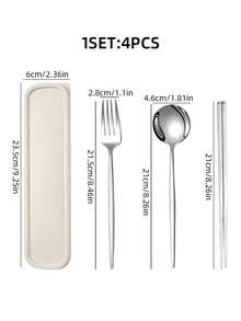 4-Piece Stainless Steel Cutlery Set (Fork, Spoon, Chopsticks, Storage Box), Student Portable Cutlery, Kitchen, Back-To-School Gift - Portuguese Silver Cutlery + Plain Chopsticks - View 11