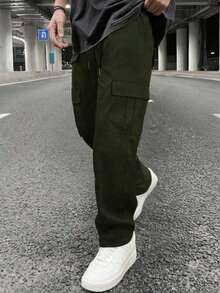 Pantalon de travail outdoor pour hommes de couleur unie, à poches multiples, pantalon décontracté simple, pantalon vert, avec taille élastique à cordon, à porter au printemps et en automne. Un bon cadeau pour votre mari et votre petit-ami. - Vert - Voir 2