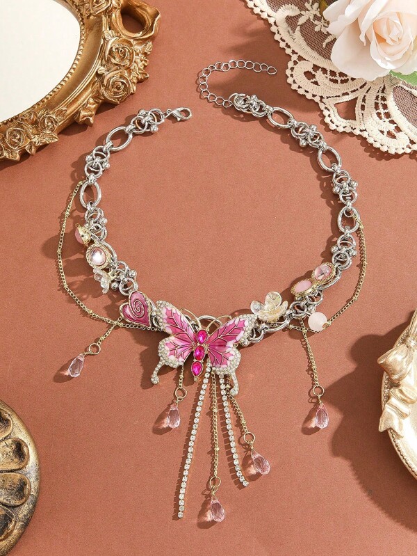 1 pieza Collar con colgante de mariposa y corazón en rosa estilo Y2K, con decoración de flores y flecos en la cadena, joyería encantadora como regalo para mujeres, ideal para fiestas/cumpleaños