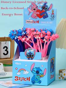 Disney 48pcs Disney Authorized Back-To-School Essential Stitch Blue Squishy Wobble Cartoon Pen - Soft Gel Stress-Relief Design With 0.5mm Smooth Black Ink, Dual Function Decor & Writing Tool, Cute Study Companion For Creative Organization, School Supplies,Back To School