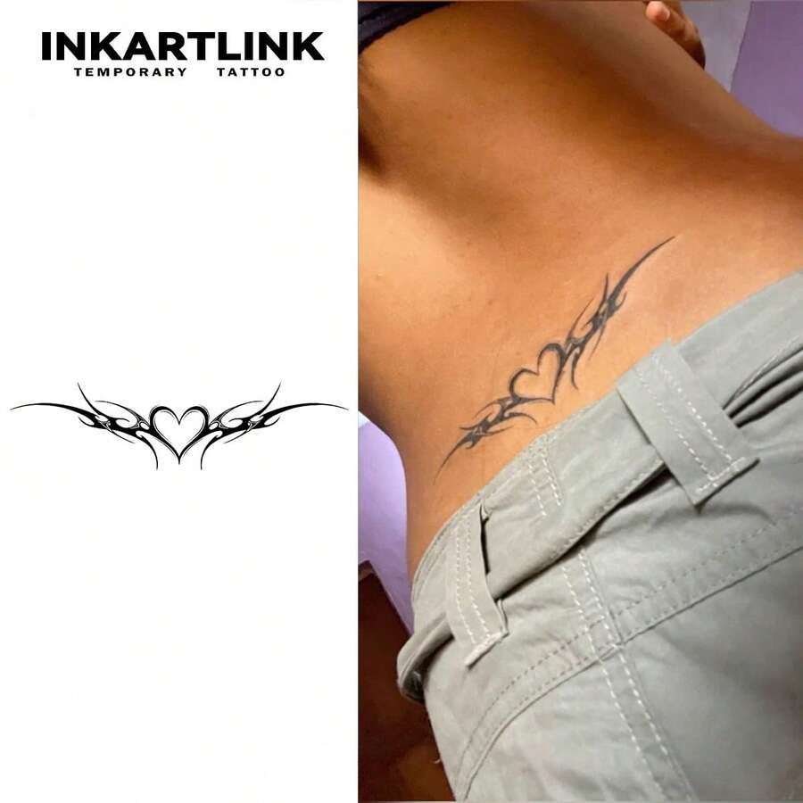 Non-Permanent Tattoo - Abstract Heart Shaped Temporary Tattoo Sticker,Semi-Permanent Waterproof Tattoo Lasts 1-2 Weeks, Realistic Tattoo Appearance, Suitable For Women Waist Area