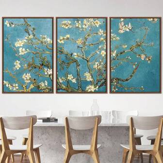 3 pezzi di opere d'arte da parete in tela, cartellone, Fiori e piante di albicocco di Vincent Van Gogh, paesaggio, decorazione moderna da parete, con cornice opzionale