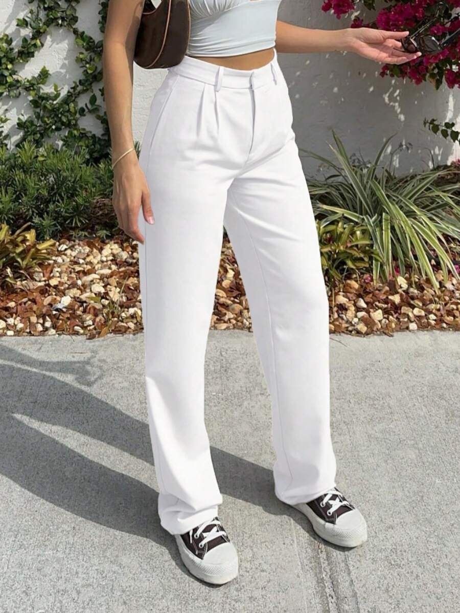 MYOURSA Pantalones rectos con pliegues en el frente y corte sastre