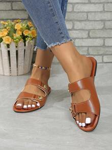 Damskie wygodne płaskie sandały casualowe, buty z odkrytymi palcami i paskiem na kostce w jednolitym kolorze, codzienne sandały outdoorowe - Brązowy - Zobacz 2