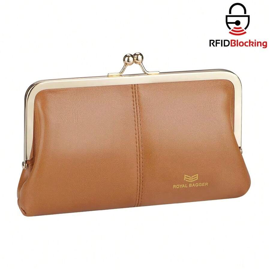 Royal Bagger RFID Genuine Leather Wallet For Women, Kiss Lock Clutch With Multi-Card Slots, Vintage Card Holder Purse - 棕色 - 查看 1