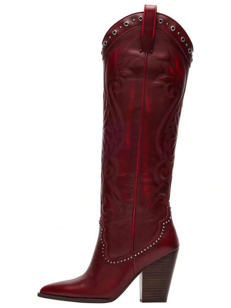 Knee High Cowboy Boots For Women Pointed Toe Chunky High Heels Pull-On Embroidered Boots Western Boots Wide Calf Cowgirl Boots - 紅色 - 查看 1