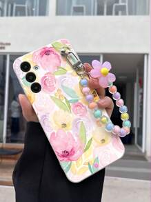 1 pieza Funda de teléfono a prueba de golpes con diseño de flores acuarela ditsy de TPU blanco y 1 pieza Pulsera con flores rosas y cuentas, compatible con iPhone 15 Pro Max, A14, A54, A52, A31 4G, A23, Redmi Note 8 Pro, Note 11 Pro 4G, Note 12 4G, OPPO A54