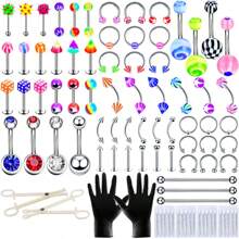 84PCS Body Septum Piercing Kit 14G 16G Tools For Nose Tongue Lip Ear Eyebrow Belly Button Cartilage Tragus Industrial Barbell Helix Daith Piercing Jewelry Clamps