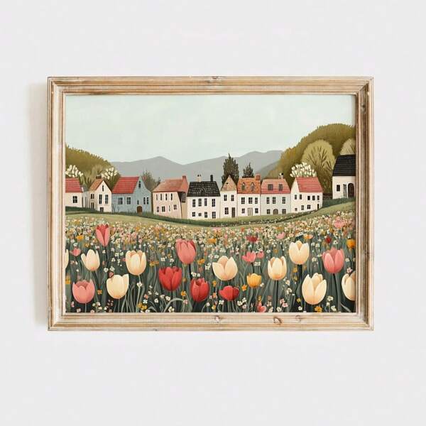 1pc, Wall Arts, Vintage Posters, Cute Spring Wall Art, Spring Village Art, Spring Farmhouse Decor, Tulip Spring Town Canva Unframed ,Wall Art With Frame