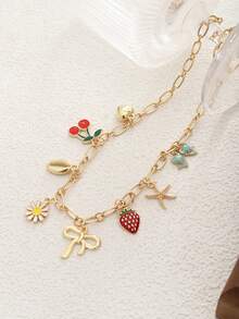 1件水果造型吊坠项链，包括草莓、蝴蝶结、海星、樱桃、心形、花朵等款式，适合女性日常佩戴、作为礼物或时尚配饰。 - 金黃色 - 查看 2