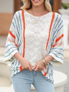 女士条纹细节宽袖轻质针织毛衣