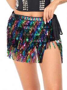 1PC Women's Sequin Tassel Glitter Belly Dancing Hip Scarf Mini Wrap Skirt Rave Short Skirt For Club And Dance Party Costume Accessory Lady Sexy Hip Scarves - Multicolor - View 4