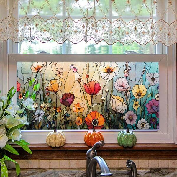 1PC New Stained Glass Window Cling Film, Colorful Floral Painting Style Glass Sticker, Static Cling PVC Removable Privacy Window Film Decor For Home, Bedroom, Living Room, Kitchen Room Decor Home Decor Stickers Wall Decor Personalized Wall Stickers