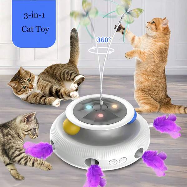 Brinquedo interativo recarregável 3 em 1 para gatos com bola de corrida, asas flutuantes, borboletas e penas, recarregável por USB, jogos internos, sensor de movimento automático, brinquedos interativos para gatos (adequados para cães e gatos)