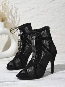 Women's New Fashionable Gorgeous Breathable Mesh Design Lace-Up Decor Open Toe Non-Slip Narrow Stiletto Heel Ankle Boots - Black - View 3