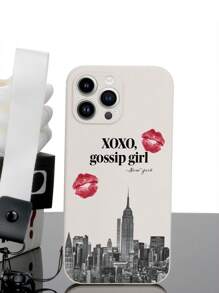 1pc White TPU Lip Print New York Pattern Shockproof Phone Case And 1pc White Lanyard Wrist Strap Compatible With IPhone/Android Phones, Including IPhone 16 Pro Max, A14, A54, A52, A31 4G, A23, Redmi Note 8 Pro, Redmi Note 11 Pro 4G, Redmi Note 12 4G, OPPO A54