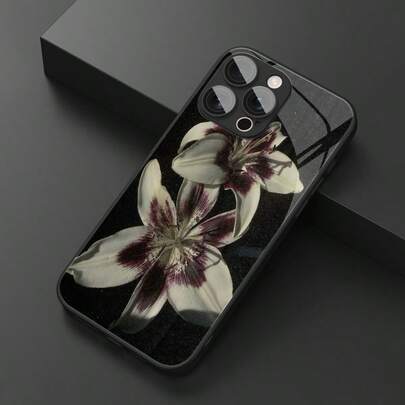 1pc Vintage Lily Flower Elegant Pattern Glass Material Phone Case, High-End Atmospheric, Compatible With IPhone, Tempered Glass Material