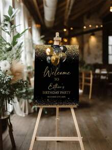 1 件 - 个性化定制黑金风格生日海报、可编辑生日欢迎标志、黑金气球生日欢迎海报、闪亮五彩纸屑生日装饰、生日欢迎标志模板、自定义文字海报 - 彩色 - 查看 3