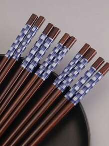 Natural Wooden Chopsticks, Antibacterial Anti-Mold Non-Slip, Japanese Style Sharp Tip Floral Ceramic Square Design, Household Printed Chopsticks,School Supplies