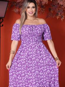 WOMEN'S LONG MIDI DRESS WITH PUFFED SLEEVES, RUFFLED, OFF-THE-SHOULDER, TRES MARIAS FLORAL - Púrpura polvoriento - Ver 3