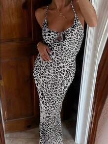 Leopard Print Hollow Lace-Up Bodycon Slip Dress - Multicolor - View 4