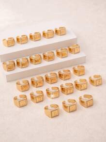 1pc Fashion Minimalist Gold-Color Square 26 Letter Design Ring, Elegant Birthday Holiday Gift For Teenagers, Suitable For Everyday Wear