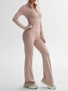 女士纯色长袖上衣和修身运动裤套装，适合健身和锻炼 - 藕粉色 - 查看 5