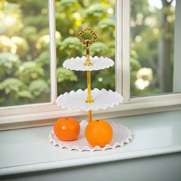 3 - Tier White Plastic Serving Stand With Golden Handle|Elegant Ruffled Design For Dessert & Fruit Display