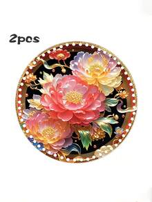 2pcs Gold Peony Flower Pattern Woven Mat, DIY Wooden Woven Base Boards, For Creative Bag/Basket Making Room Decor Bedroom Decor Home Decor Wall Decor - Baby Pink - View 1