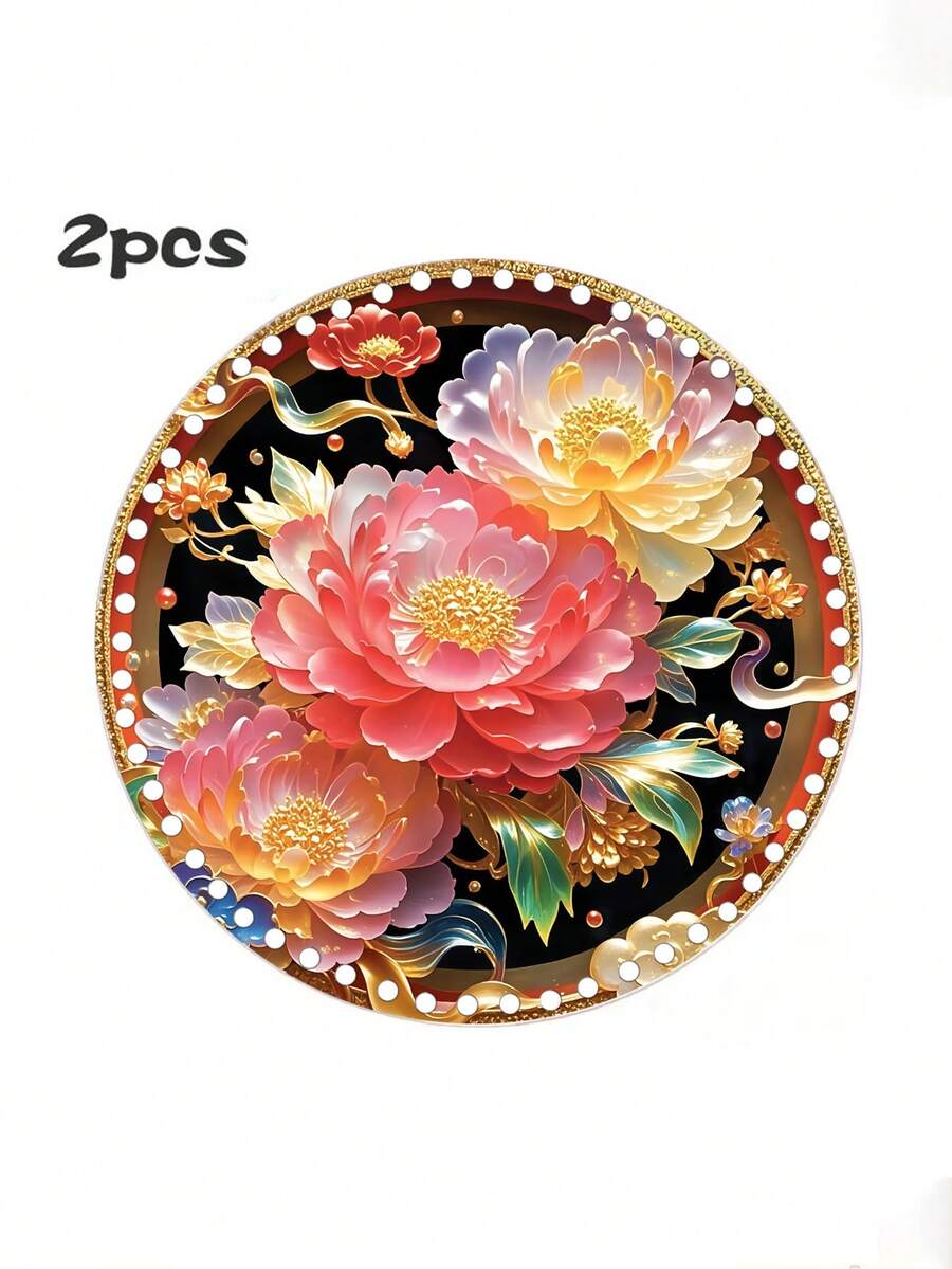 2pcs Gold Peony Flower Pattern Woven Mat, DIY Wooden Woven Base Boards, For Creative Bag/Basket Making Room Decor Bedroom Decor Home Decor Wall Decor - Baby Pink - View 1