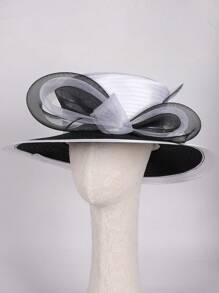 HIMESPORT Sombreros de boda para mujer verano 2025 - Bombín vintage con ribete de cinta de encaje, sombrero de cúpula elegante de ala ancha para el té, la iglesia y los accesorios nupciales, diseño de copa plana ajustable negro/blanco
