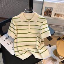 Summer Contrast Color Polo Collar Stripe Silk-Blend Short Sleeve T-Shirt With Zipper, Age-Reducing Top