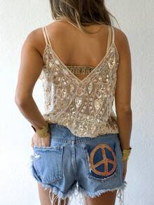 Women Semi See Through Sparkly Tank Top Sleeveless V Neck Floral Sequin Camisole Dance Rave Outfits - Màu be - Xem 4