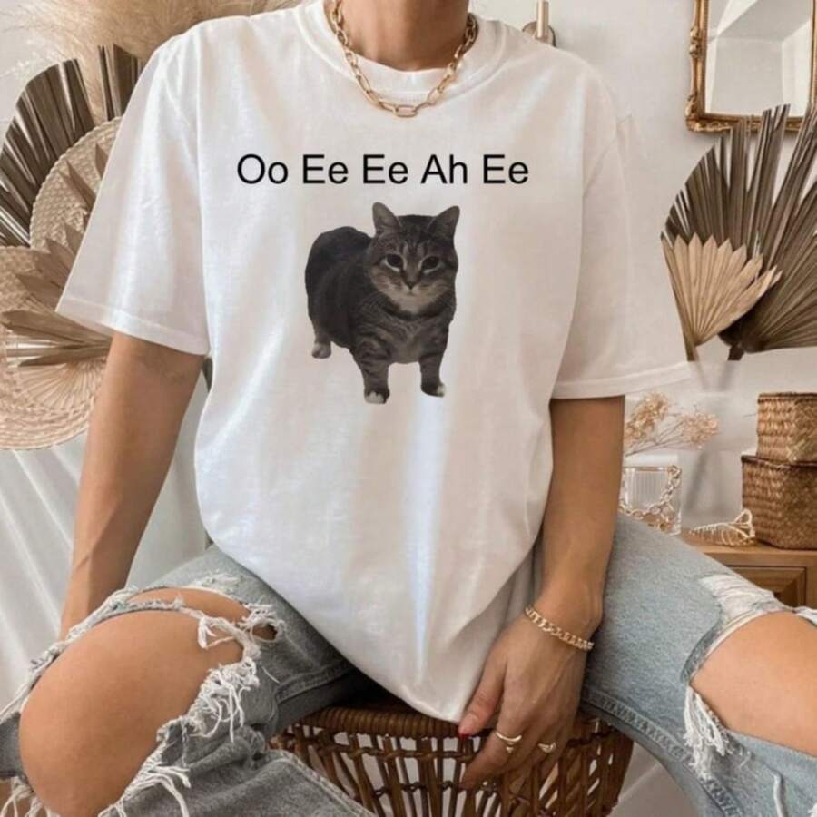 Spinning Cat Meme Oo Ee Ee Ah Ee T-Shirt, Unhinged Cat Vintage Funny Graphic , Funny CaGift For Meme Lovers, Cat Lover Meme - White - View 1