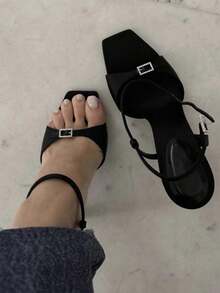 春夏小众方头水晶装饰缎面高跟鞋，细高跟方头性感明星搭扣凉鞋，黑色 - 黑色 - 查看 4