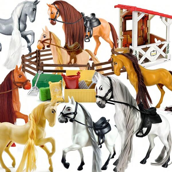 1 Set Bauernhofmodell-Spielzeug, Pferdmodell ca. 6 Zoll groß, bürstenbare Pferdehaare, DIY Spielzeug-Set, weiße und braune Pferde verfügbar, Bauernhof Pferdestallmodell-Tierset, Geschenk für Jungen und Mädchen zu Weihnachten, Kinder Rollenspielzeug, Festivalgeschenkspielzeug (zufällige Farbzubehörteile)