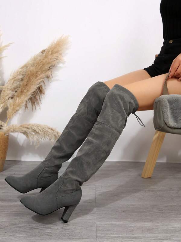 Women's Elegant Fabric Thigh High Boots, Solid Color, Sexy, Lace-Up Back, Suitable For Holidays, Weddings, Parties, Outdoor, Autumn/Winter