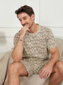 2pcs/Set Summer Men's Thin Geometry Print Round Neck Short Sleeve Shirt And Shorts Pajama Set, Casual Homewear With High-End Look