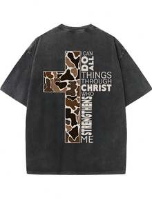 230g Washed Batik Vintage Short-Sleeved T-Shirt, Double-Sided Printed Flowers, Christianity, Men, Cross, God.